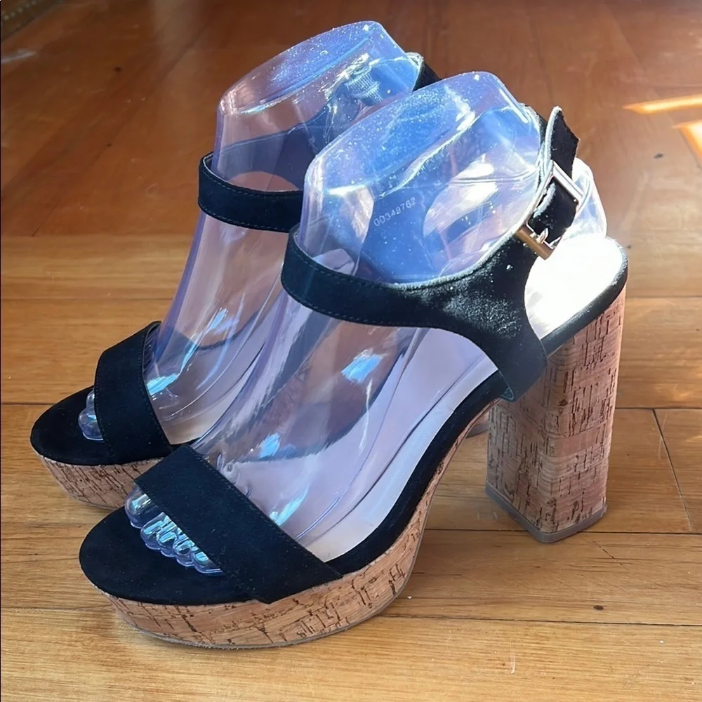 Forever 21 Platform Cork Heels Black Ankle Strap Size 8.5
